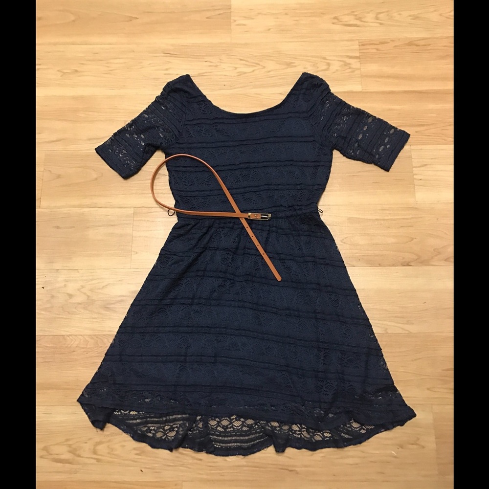 Lacy navy blue dress with belt