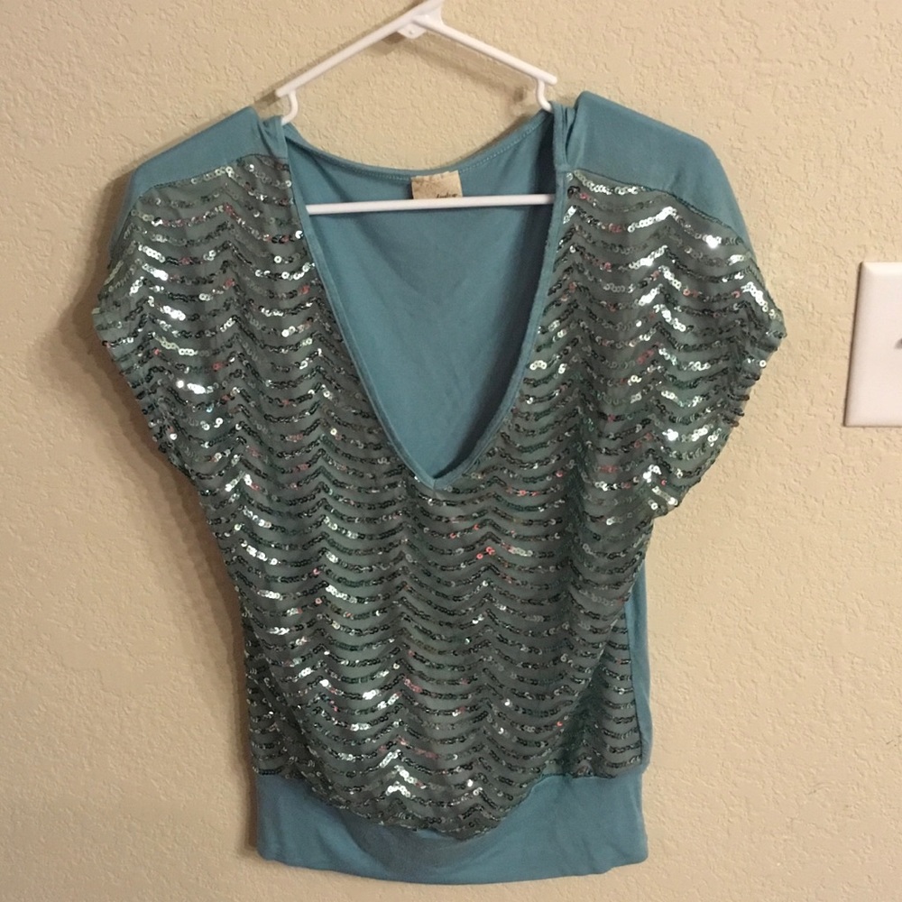 Teal Sequin V Neck Daytrip Top