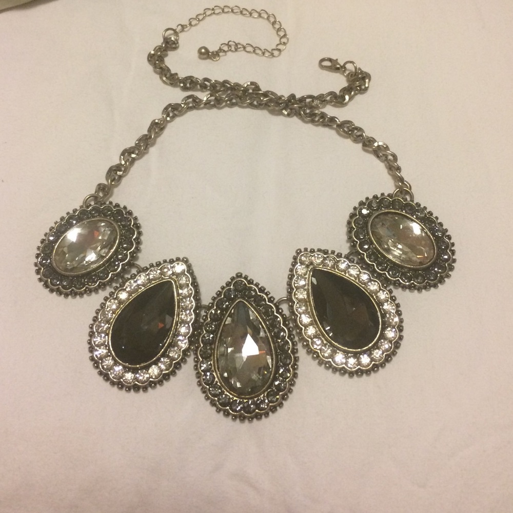 Statement Necklace-- black and silver and diamond