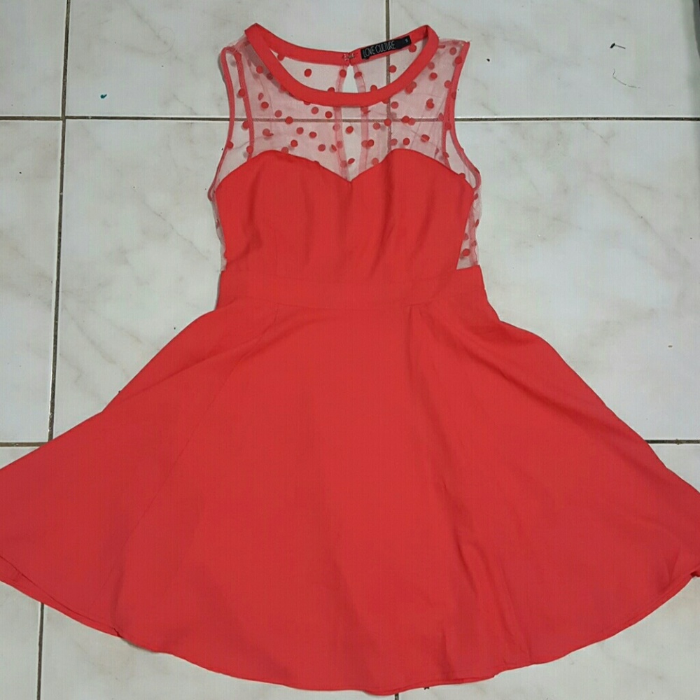Coral mesh and polka dot dress - Picture 1 of 5