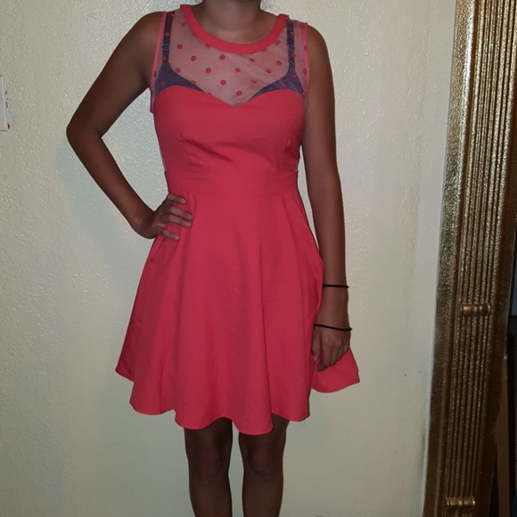 Coral mesh and polka dot dress - Picture 3 of 5