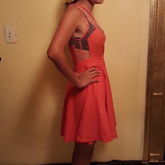 Coral mesh and polka dot dress - Picture 2 of 5