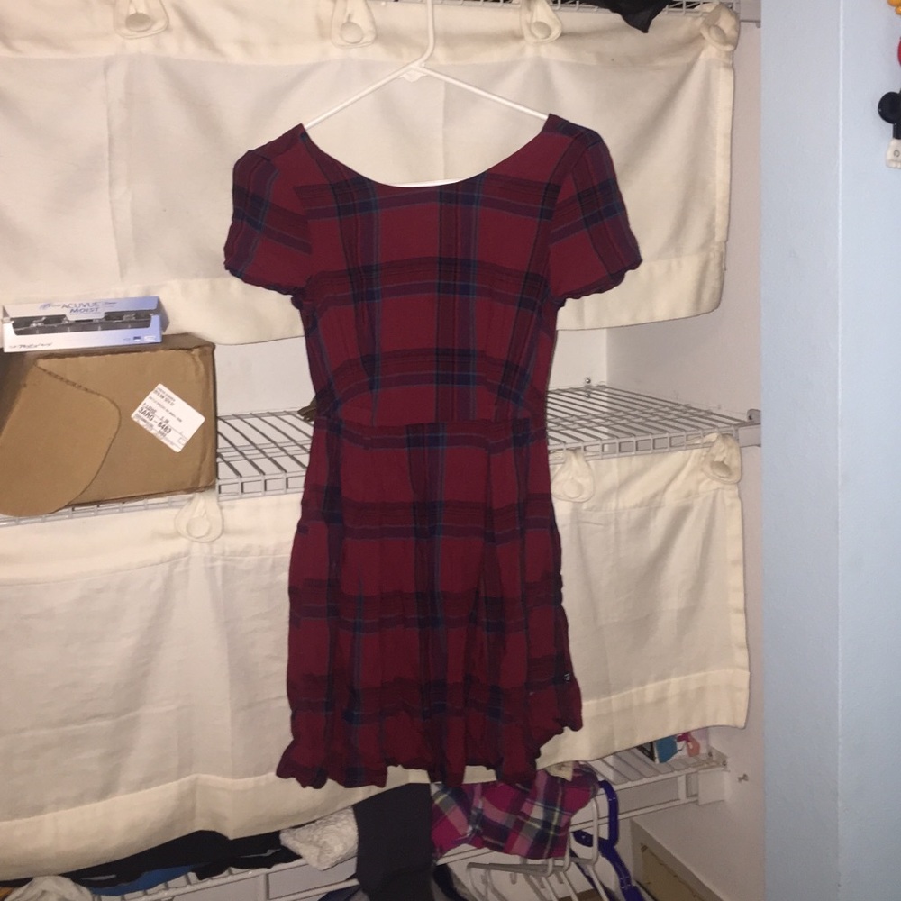 Dark red and blue patterned dress.