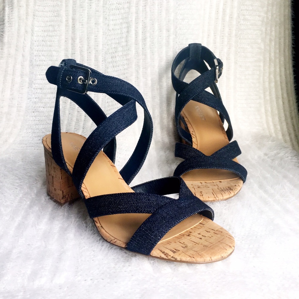 NINE WEST Block heel sandals in denim and cork