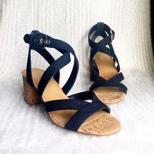NINE WEST Block heel sandals in denim and cork