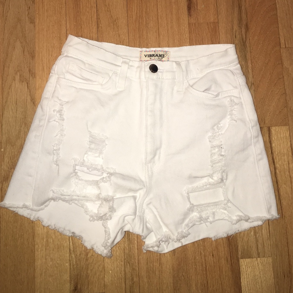 White High-Rise Ripped Denim Shorts