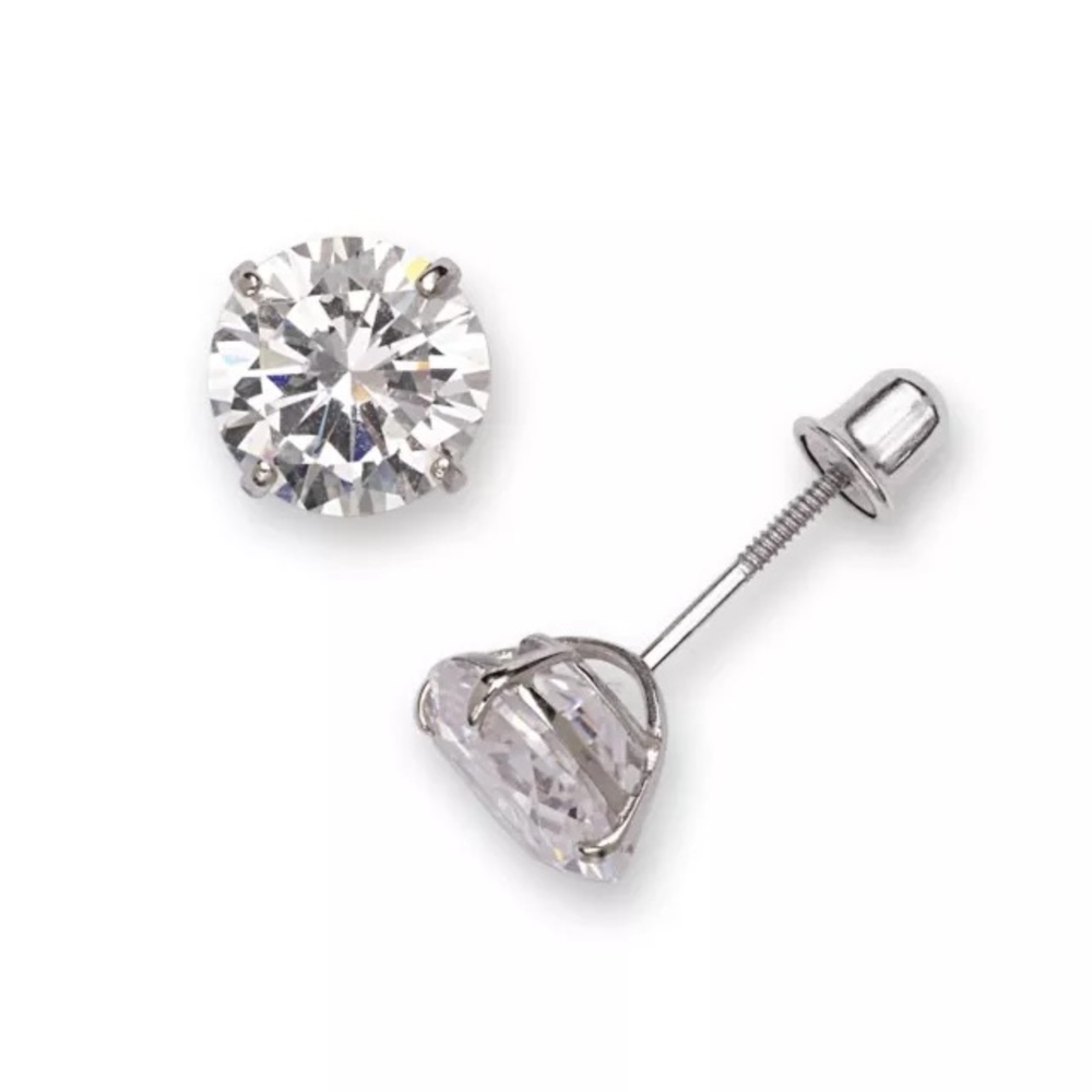 14K White Gold Round CZ  Stud Earrings Screw Back