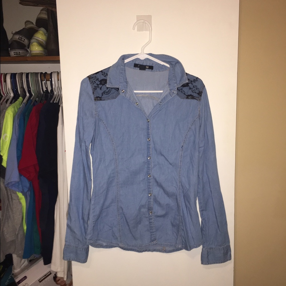 Chambray and Lace Pearl Snap Top