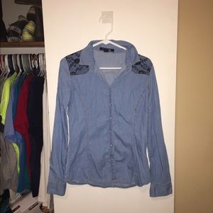 Chambray and Lace Pearl Snap Top