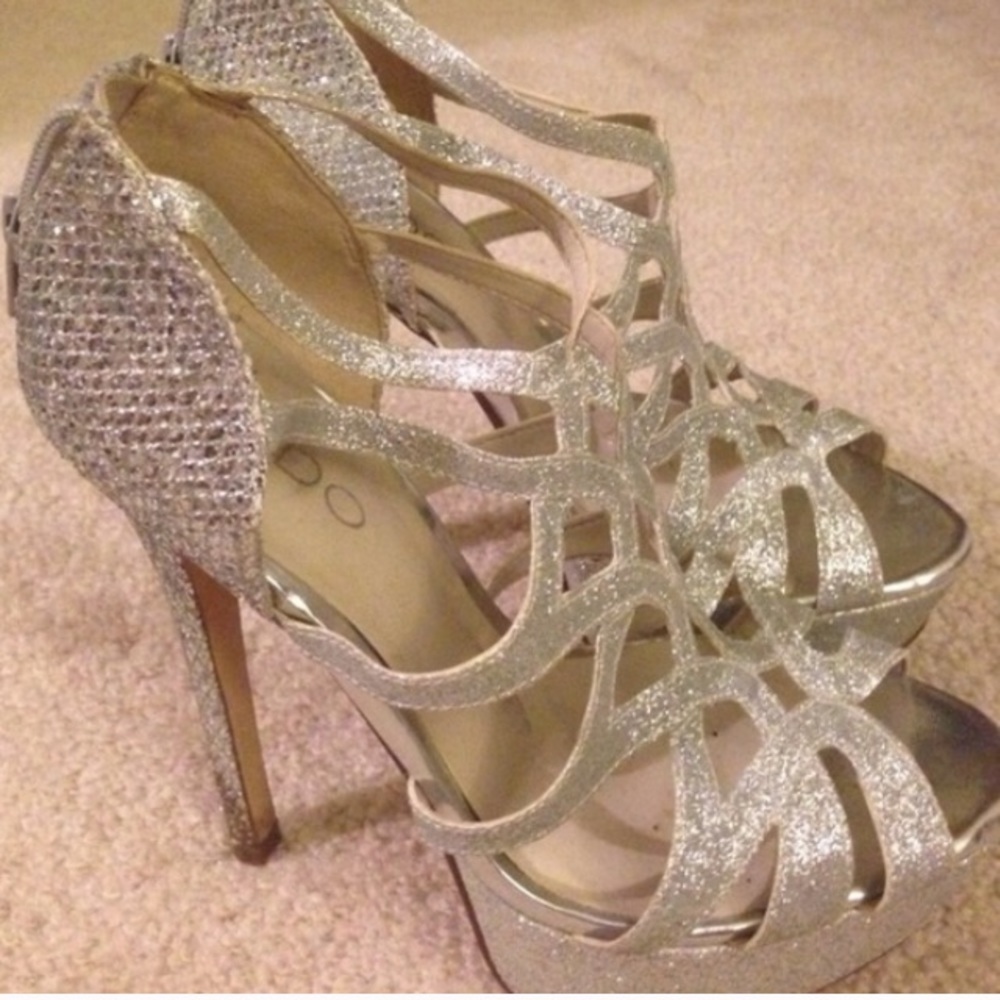 sparkly silver block heels