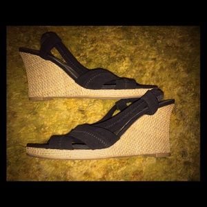 Black Fabric Strapped Wedges