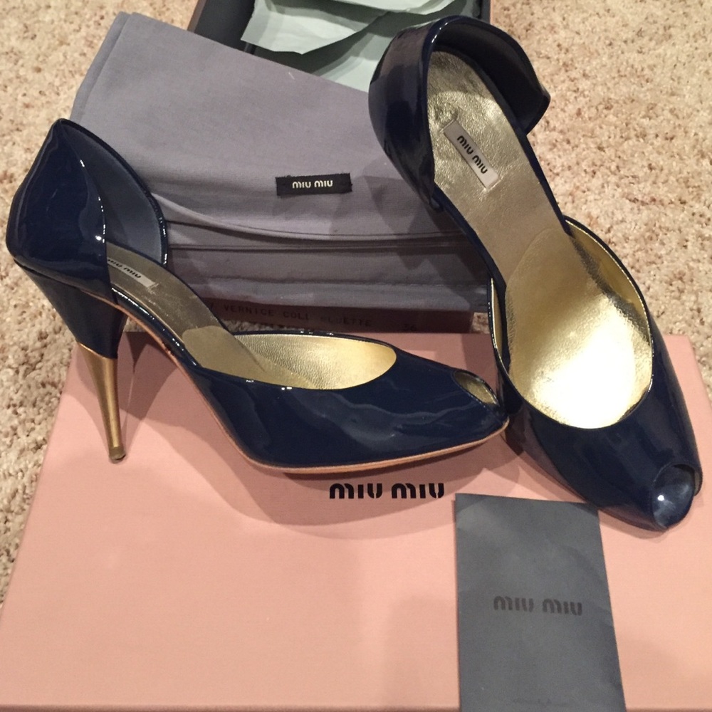 Miu Miu Vernice Gold Bluette Navy Patent Leather