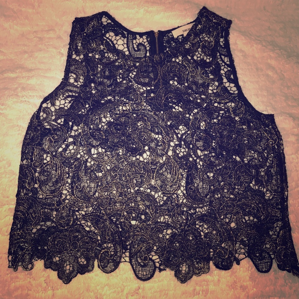 Black and gold trim lace crop top