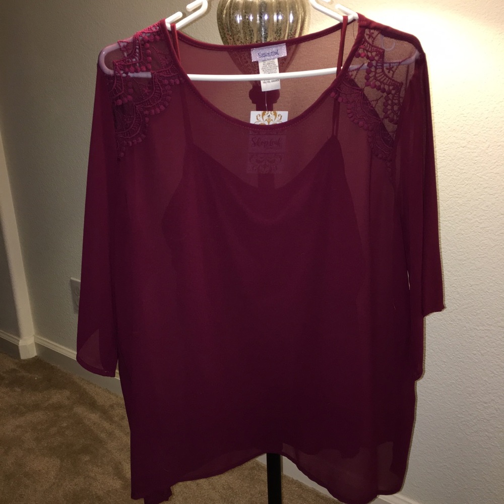Burgundy Sheer Top with embroidered detailing