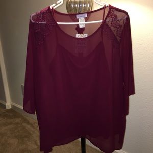 Burgundy Sheer Top with embroidered detailing