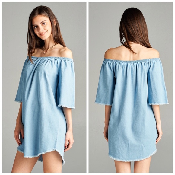 Boho Chambray Off Shoulder Tunic Dress S M L - Picture 2 of 2