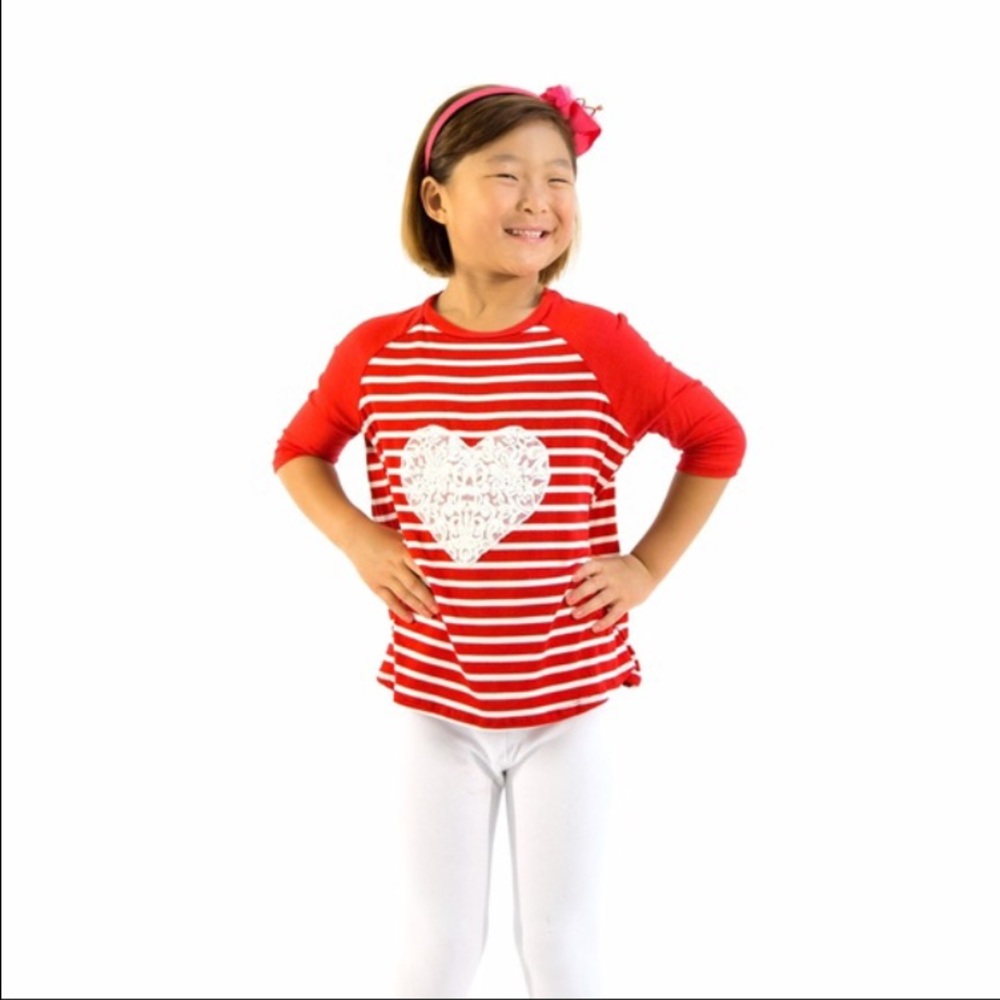 Lace heart shaped detail striped top-Red