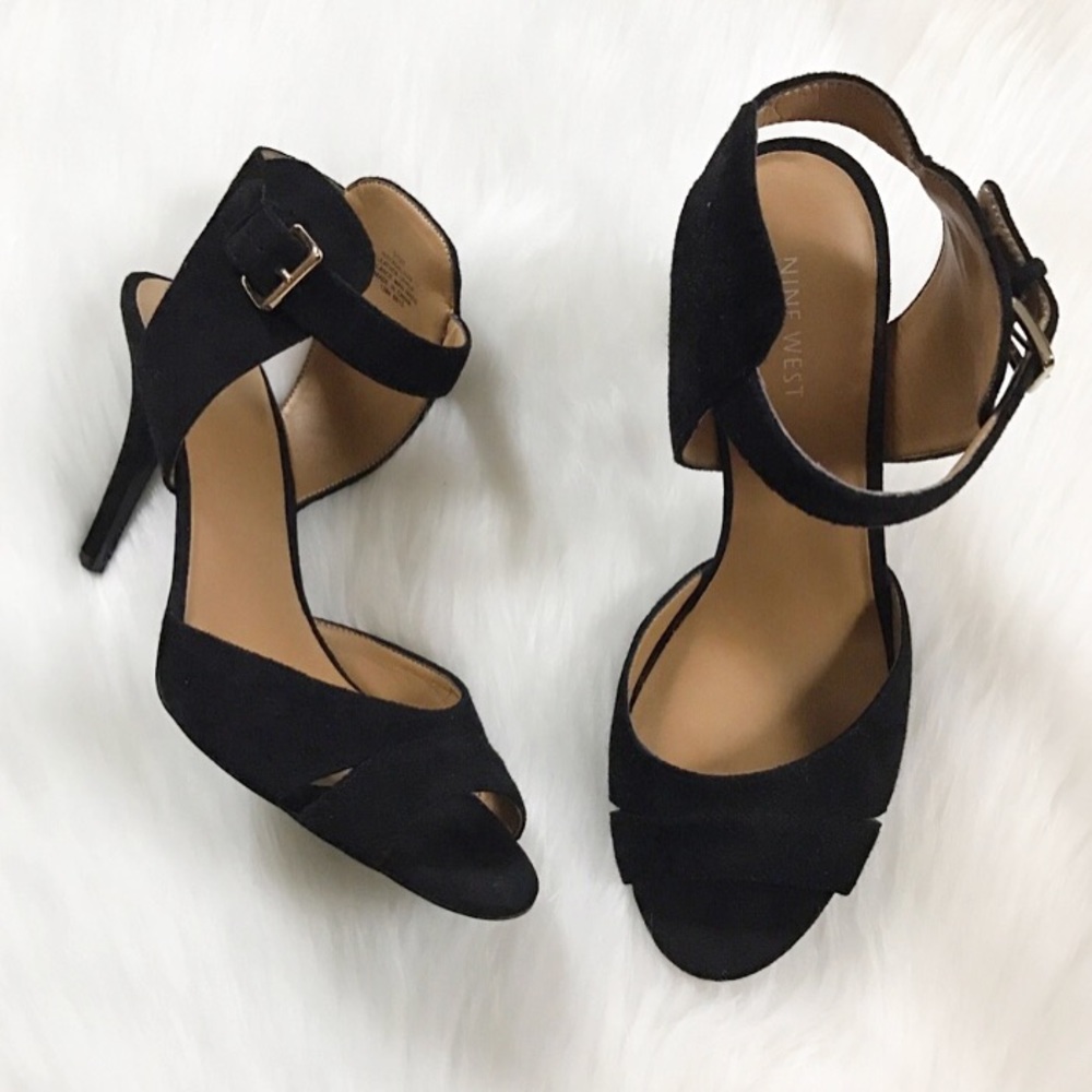 Nine West Black Suede Ankle Strap Heels Size 9.5