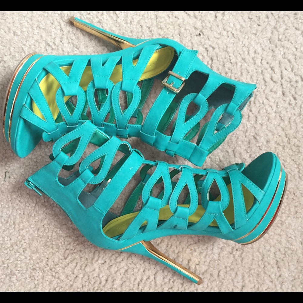 Teal Caged Heels