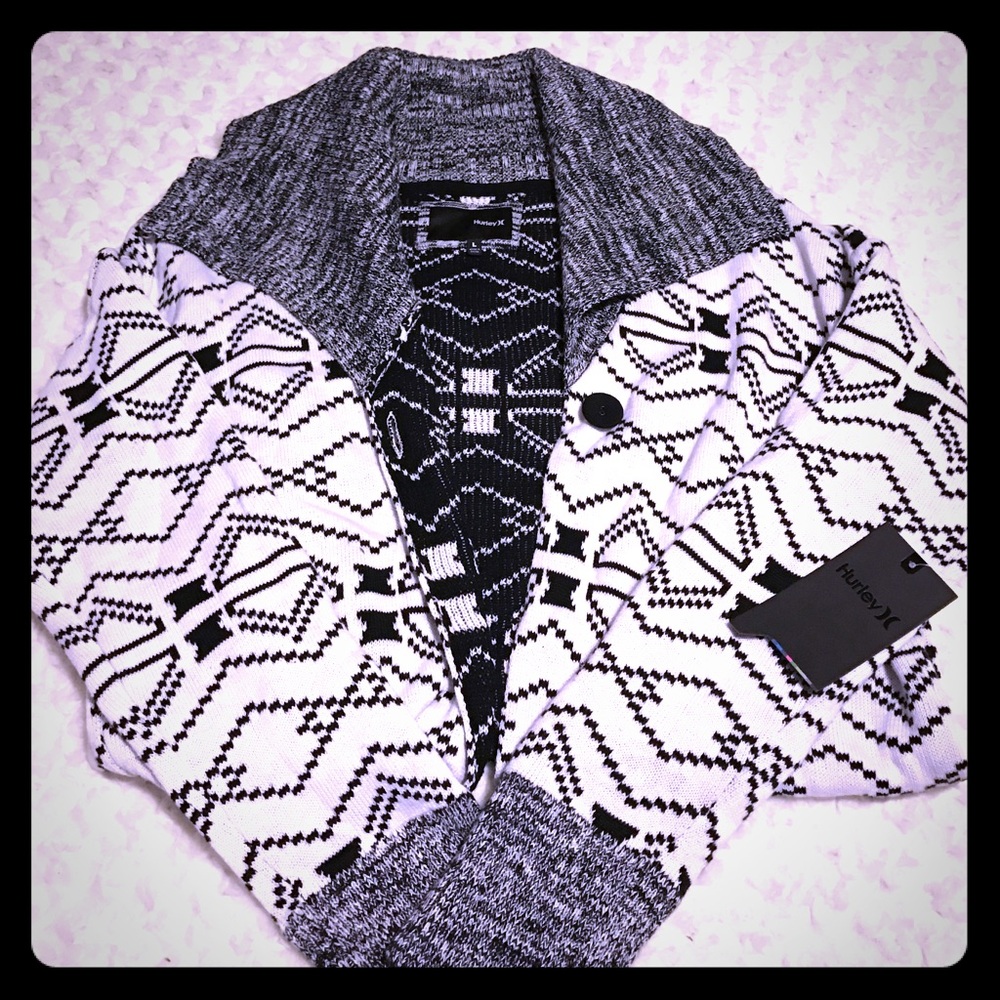 Hurley black, gray and white cardigan sweater. NWT