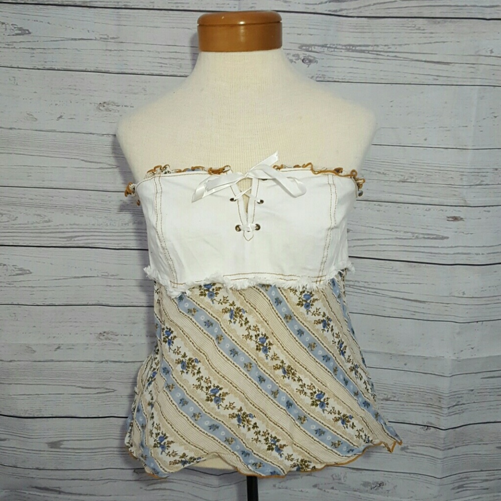 Fang Lace Up Strapless White Jean Top