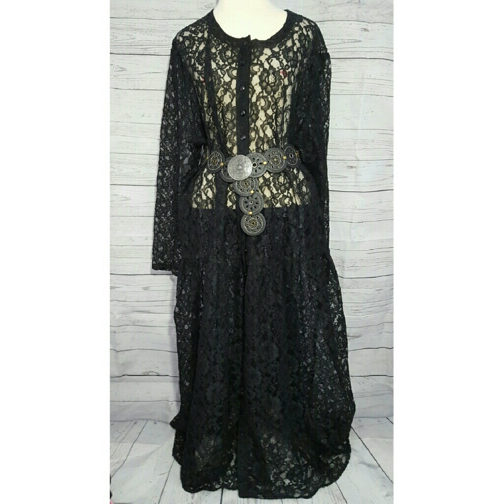 Sheer Lace Long Sleeve Button Down Maxi Dress