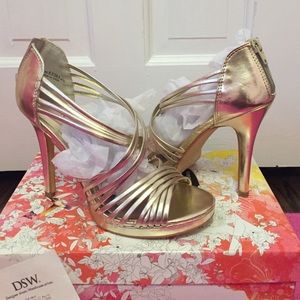 Strapped metallic gold heels