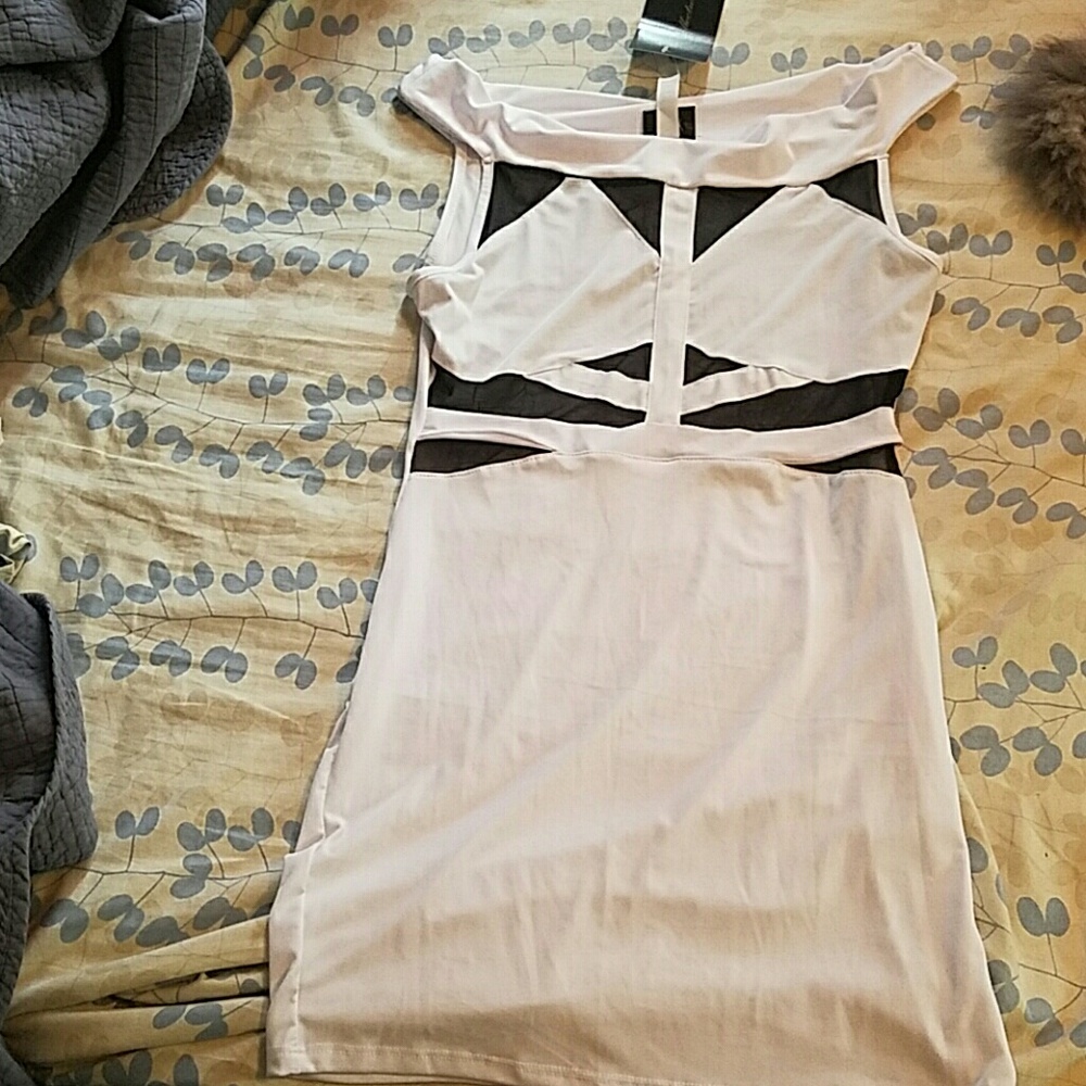 White body con dress with black mesh