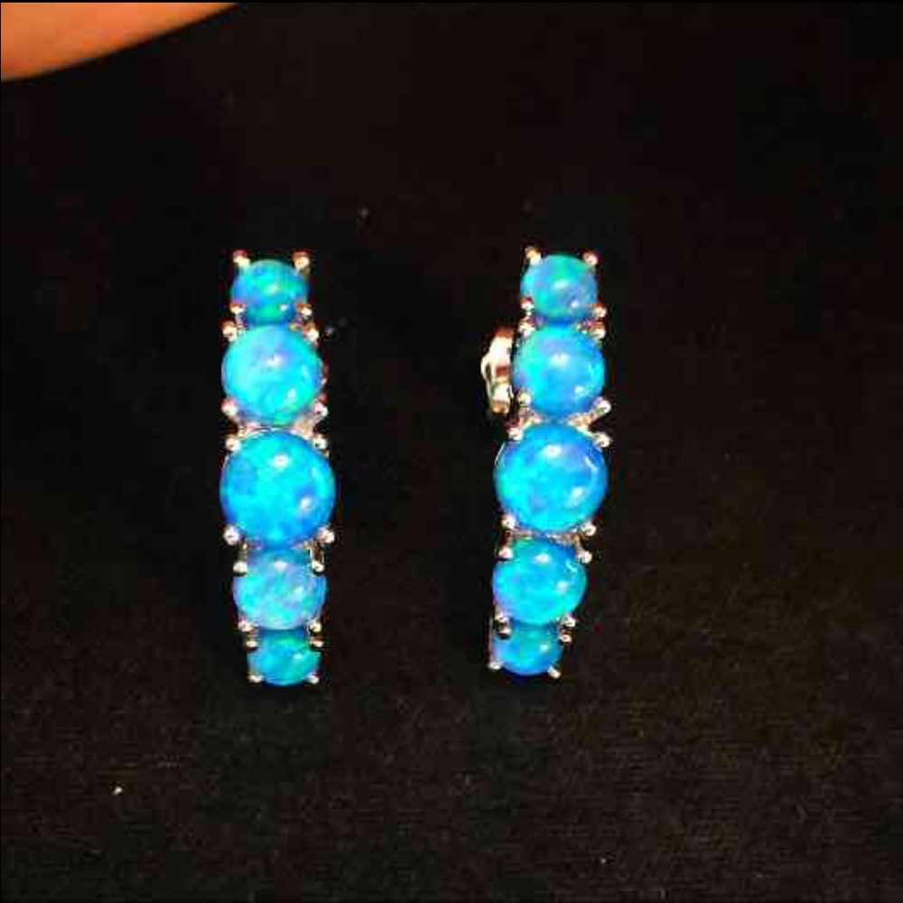 SOLD- New! Blue Fire Opal Half Hoop Earrings