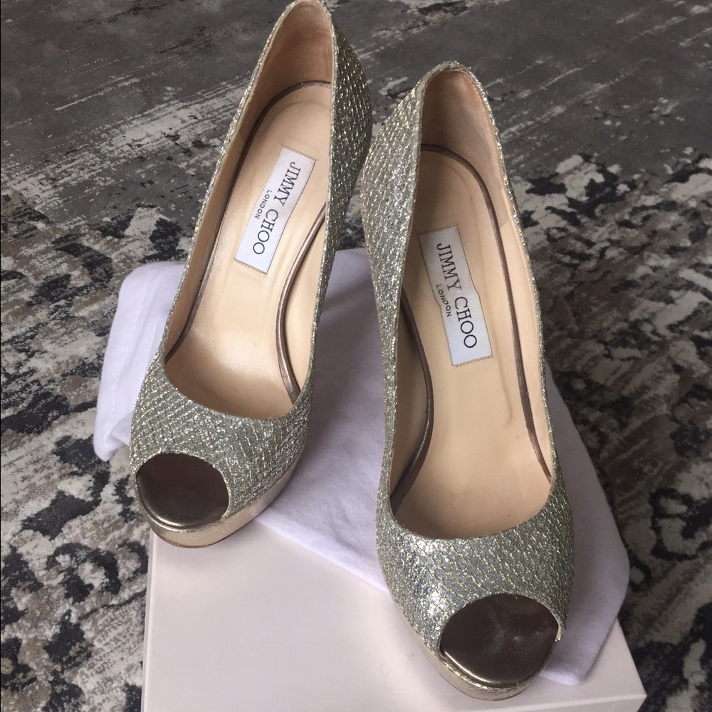 Jimmy Choo 'Champagne Glitter' Peep Toe Pumps