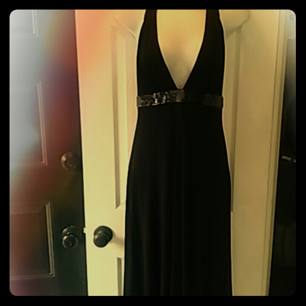 BCBG Maxazria Black Beaded Halter Maxi Dress NWT L