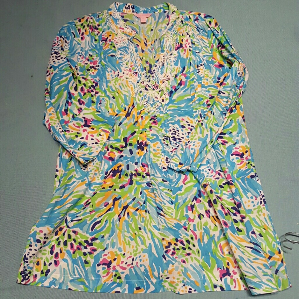 Lilly Pulitzer tunic M lightweight beaded 3/4 slv
