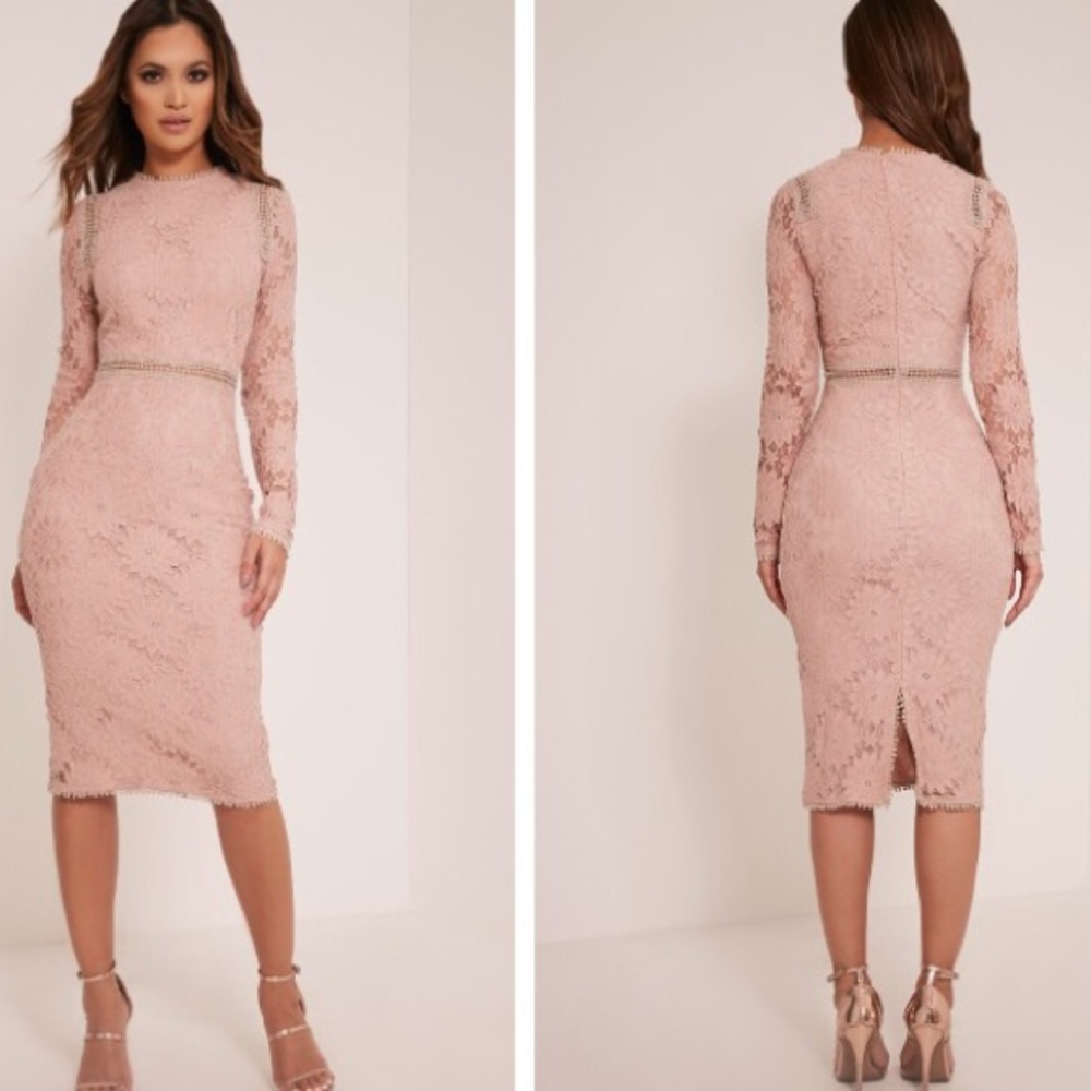 PLT Caris DustyPink Long Sleeve Lace Bodycon Dress