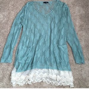 ❌SOLD❌Blue Green Sweater with lace bottom.