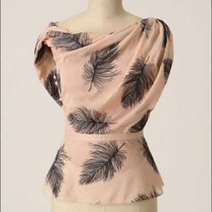 Anthropologie blush navy feather twist neck blouse