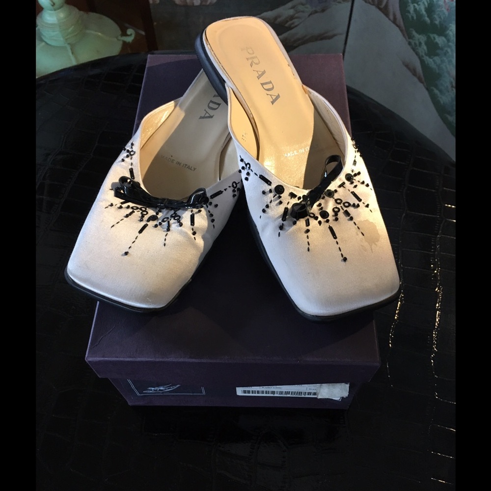 Prada satin slippers Pink with black jewels Sz 7.5