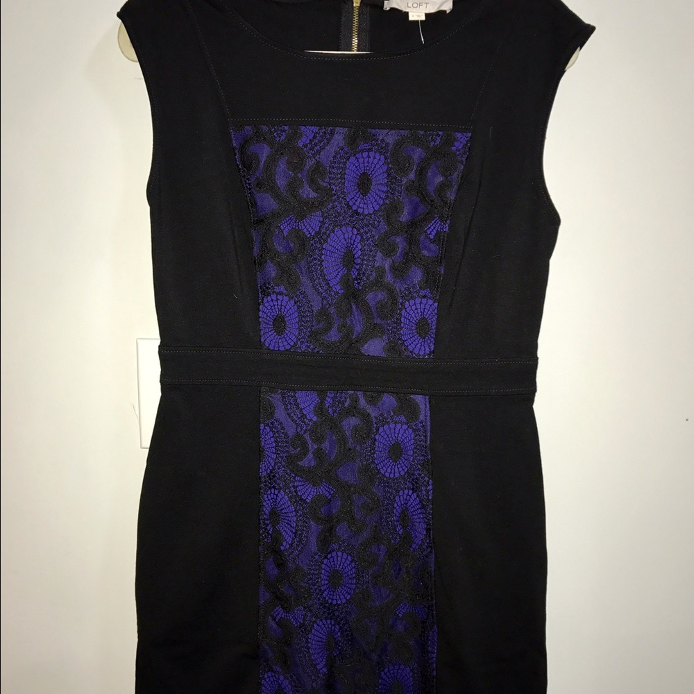 LOFT black sheath dress w/ blue floral lace panel