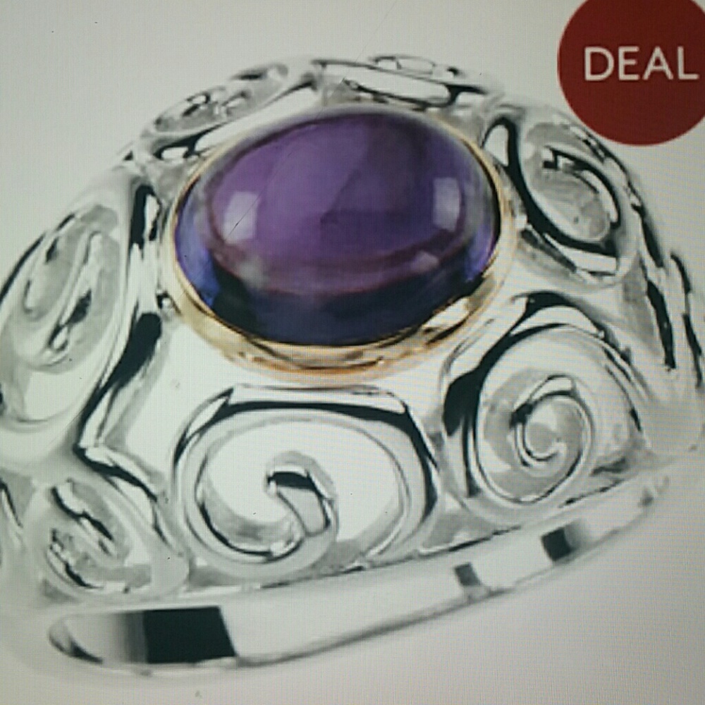 Sterling silver and 14k gold amethyst scroll ring