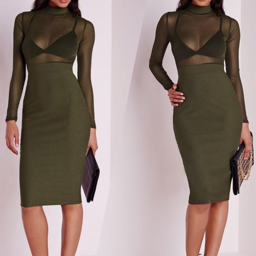 Khaki Mesh Midi Dress by Miss Guided