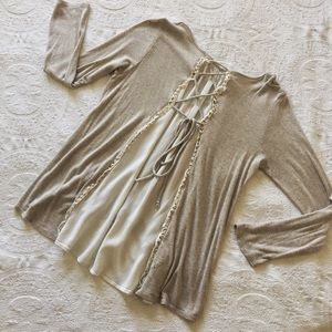 SOLD | Taupe top w/ Lace Trim and Design on Back