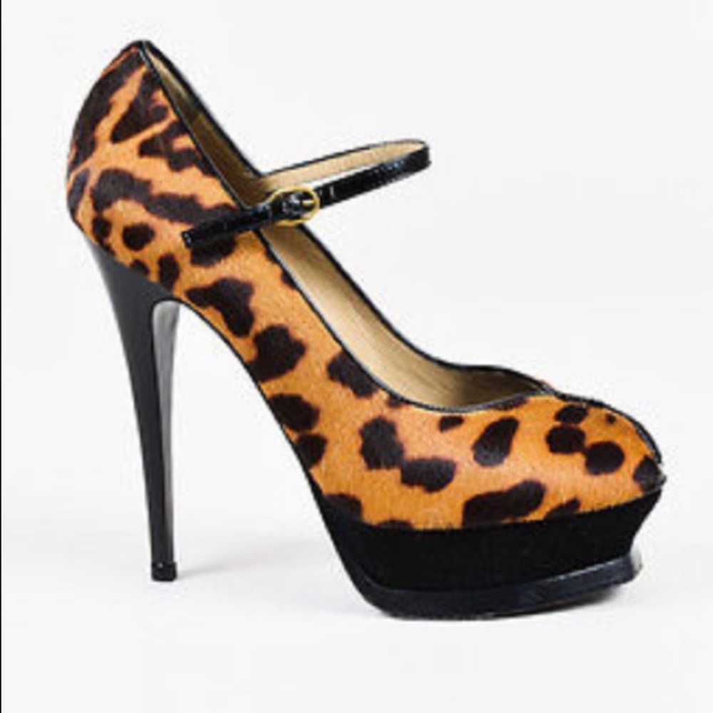 Saint Laurent leopard print/patent peep toe shoes