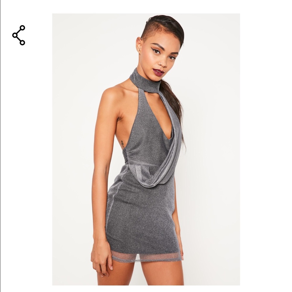 Grey metallic choker neck wrap mini dress