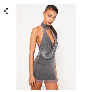 Grey metallic choker neck wrap mini dress