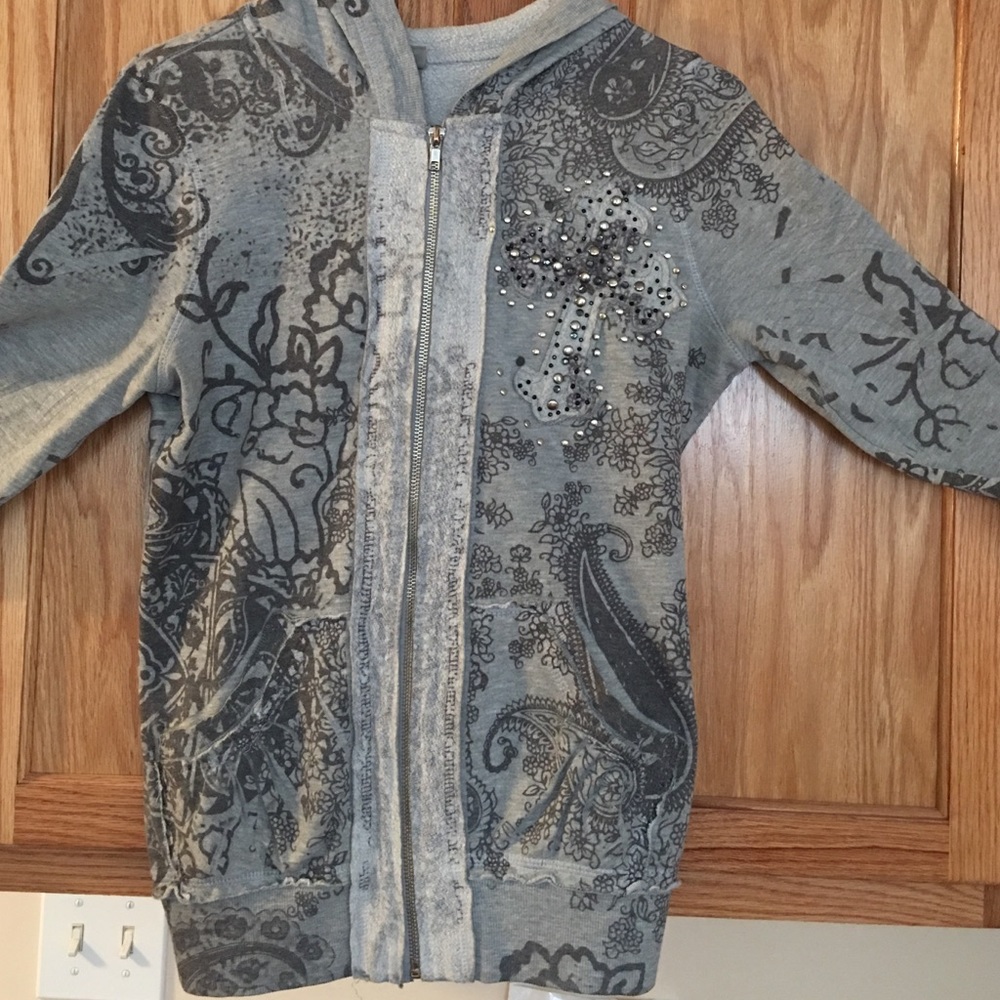 Like new gray cross embellished zip up hoodie