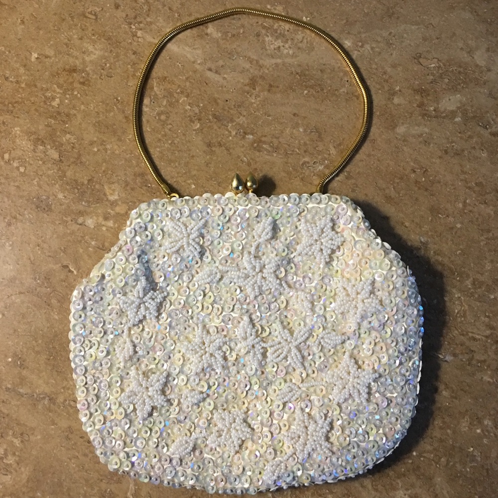 Vintage sparkly white sequin purse w/ gold chain