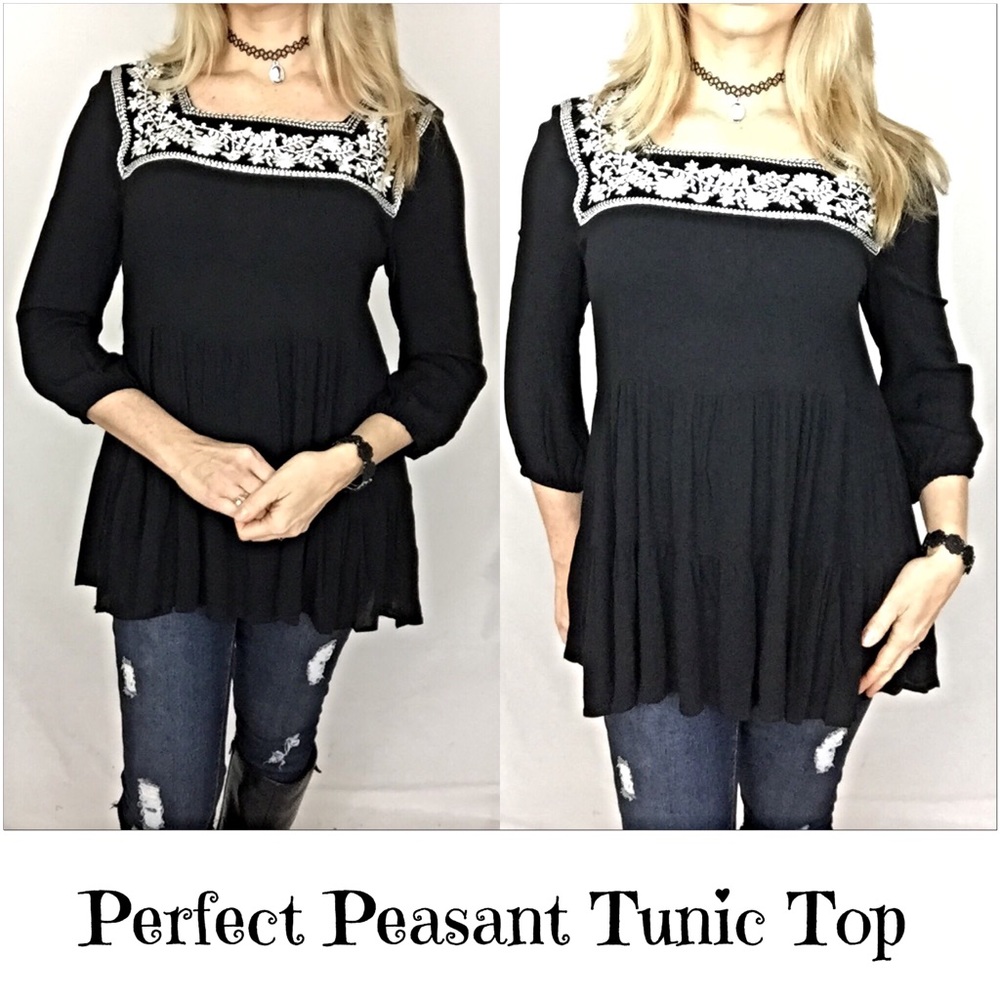Embroidered Peasant Tunic Top Flowy SM - Picture 2 of 5