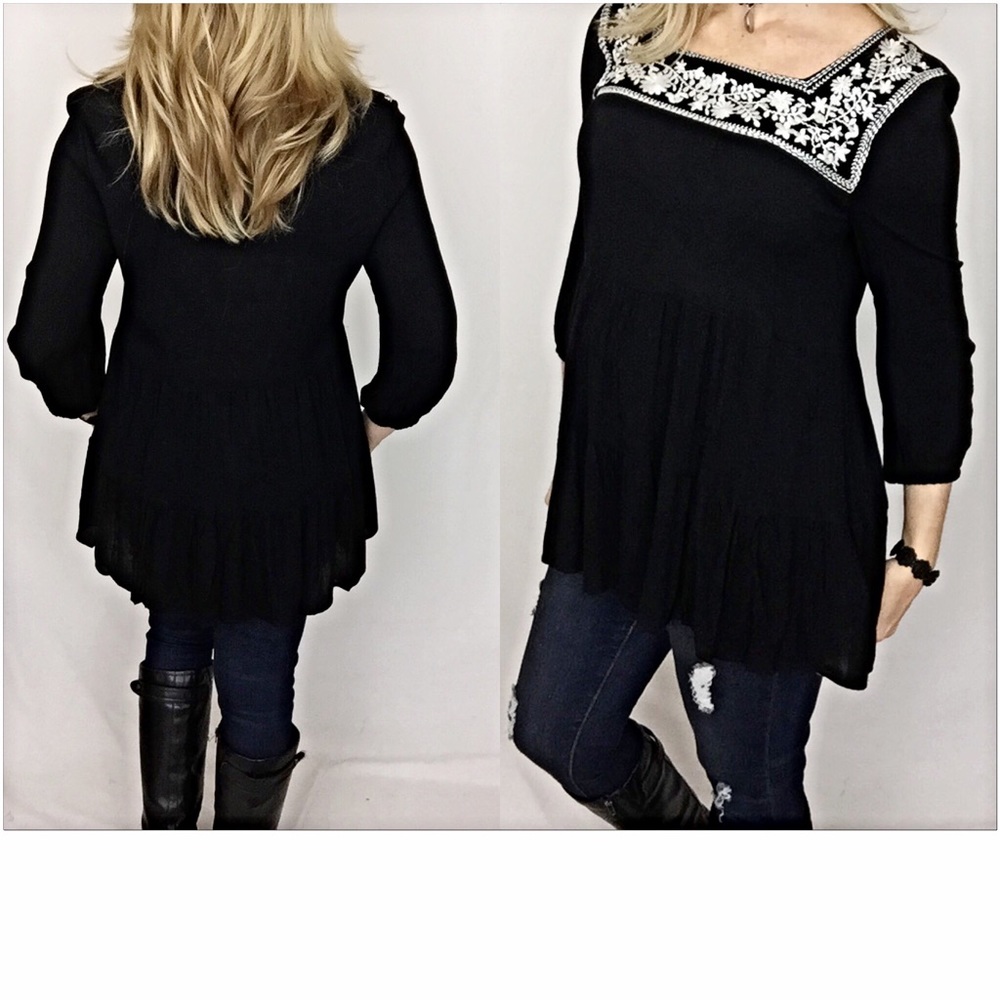 Embroidered Peasant Tunic Top Flowy SM - Picture 3 of 5