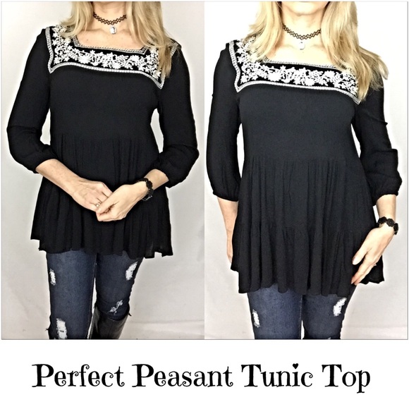 Embroidered Peasant Tunic Top Flowy SM - Picture 2 of 5