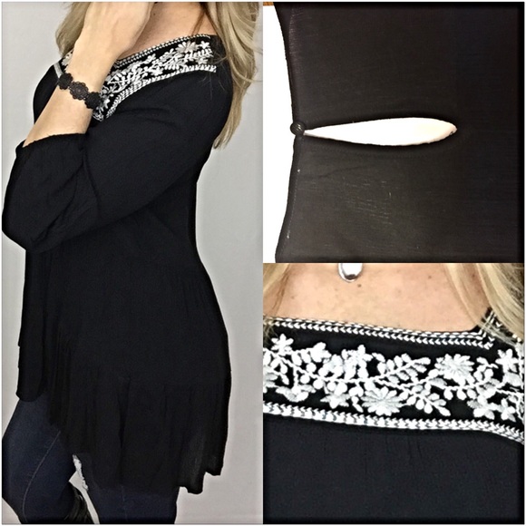 Embroidered Peasant Tunic Top Flowy SM - Picture 4 of 5