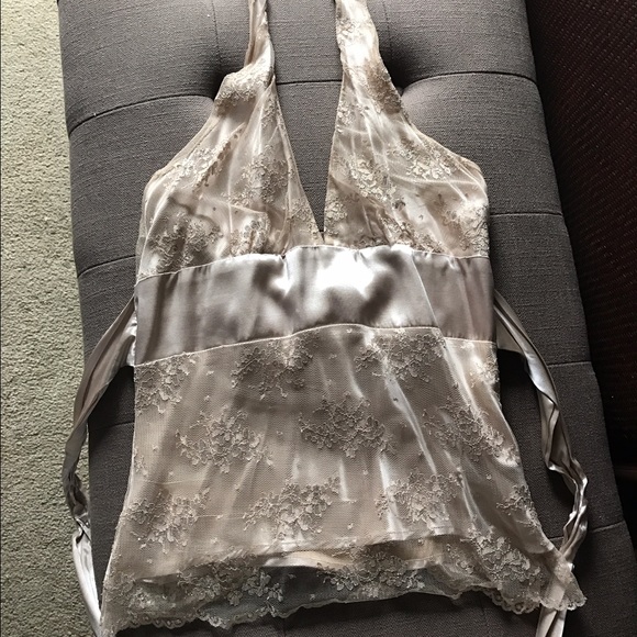 Aqua Tops - Lace and sequined halter top. Taupe color